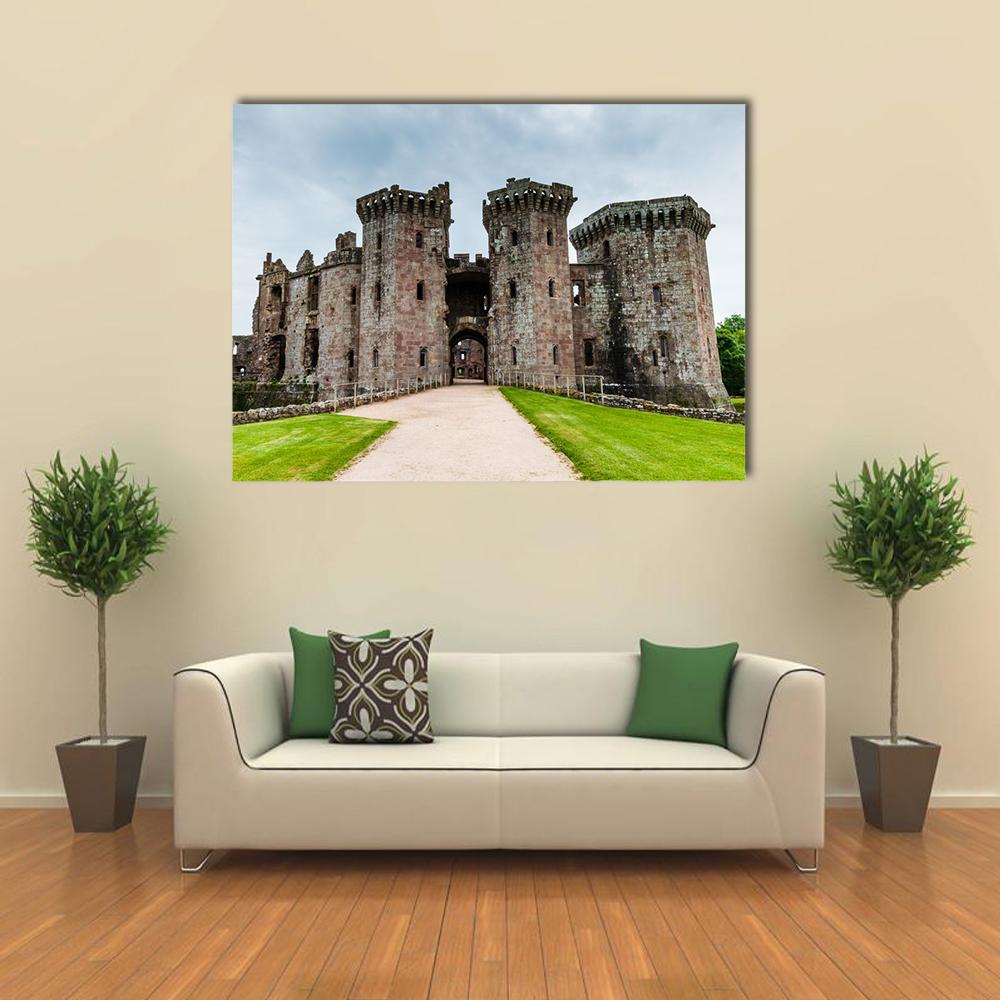 Ruins of Medieval Raglan Castle Canvas Wall Art in gray, green and blue, single panel hung on a wall
