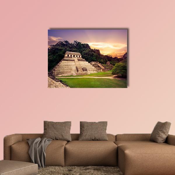 Palenque Ruins at Sunset Canvas Wall Art in orange, green and purple, single panel hung on a wall