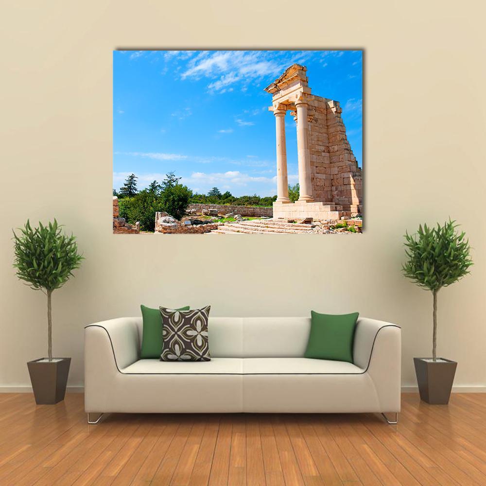 Ruins of the Sanctuary of Apollo Hylates Canvas Wall Art in beige and blue, single panel hung on a wall