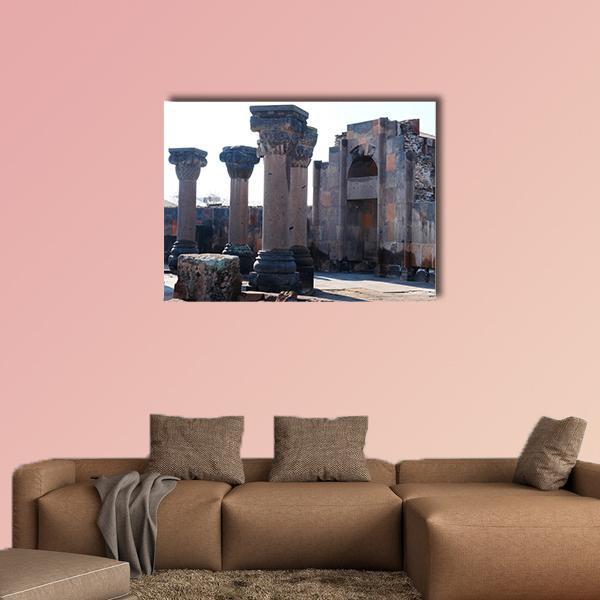 Zvartnos Temple Ruins Canvas Wall Art in gray, beige and brown, single panel hung on a wall