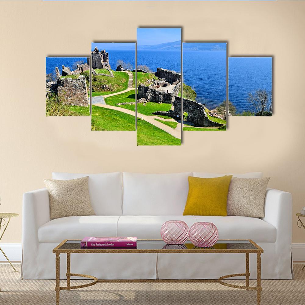Ruins Of Urquhart Castle Along Loch Ness Canvas Wall Art-5 Star-Gallery Wrap-62" x 32"-Tiaracle