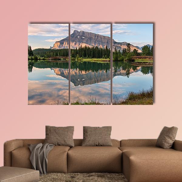 Rundle Mountain Reflected In Pond Canvas Wall Art-3 Horizontal-Gallery Wrap-37" x 24"-Tiaracle