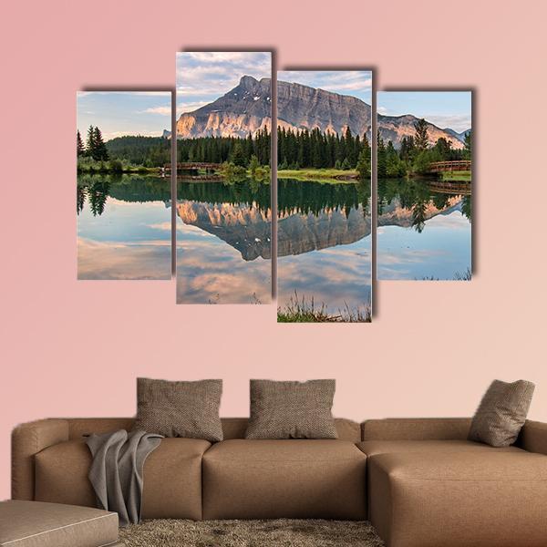 Rundle Mountain Reflected In Pond Canvas Wall Art-4 Pop-Gallery Wrap-50" x 32"-Tiaracle