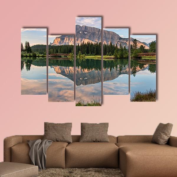 Rundle Mountain Reflected In Pond Canvas Wall Art-5 Pop-Gallery Wrap-47" x 32"-Tiaracle