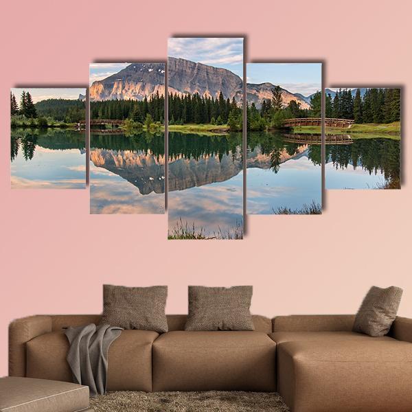 Rundle Mountain Reflected In Pond Canvas Wall Art-5 Star-Gallery Wrap-62" x 32"-Tiaracle