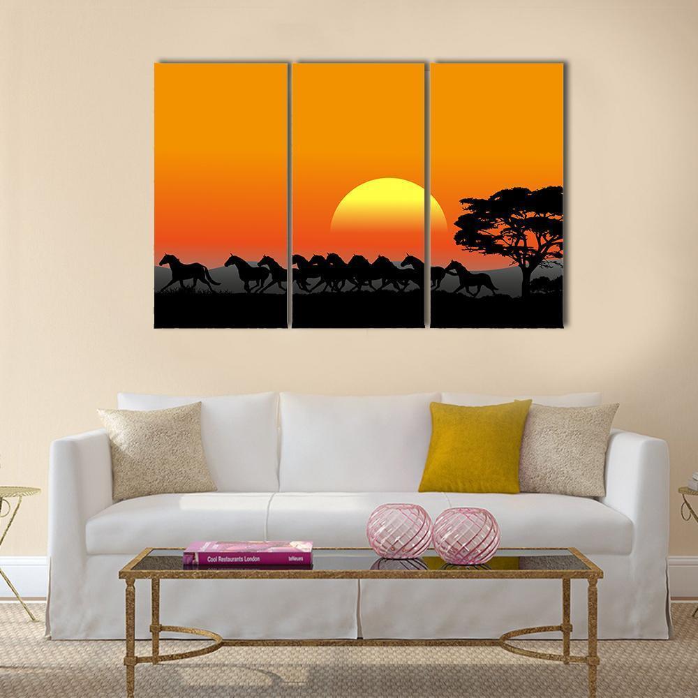Running Herd At Sunset Canvas Wall Art-3 Horizontal-Gallery Wrap-37" x 24"-Tiaracle