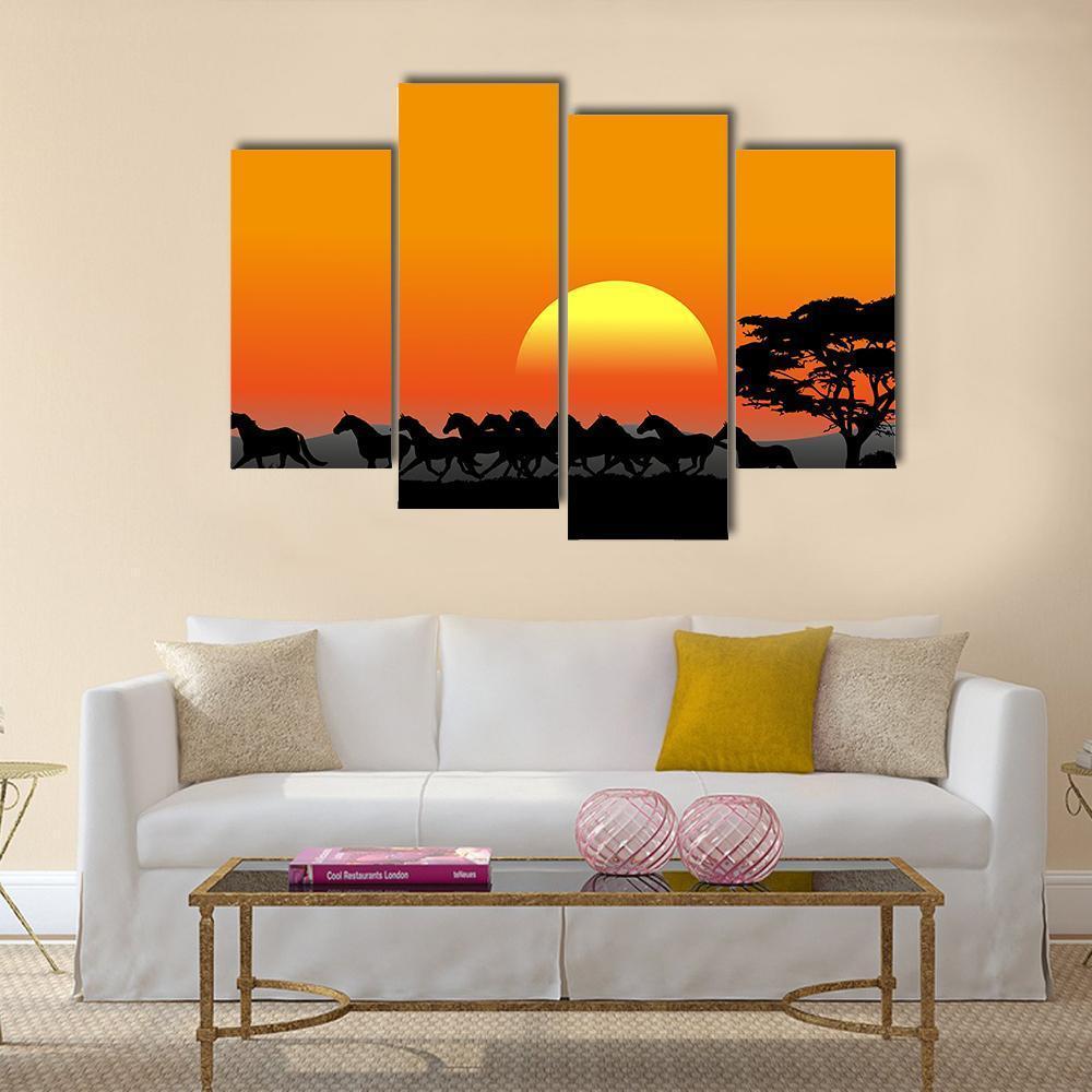 Running Herd At Sunset Canvas Wall Art-4 Pop-Gallery Wrap-50" x 32"-Tiaracle