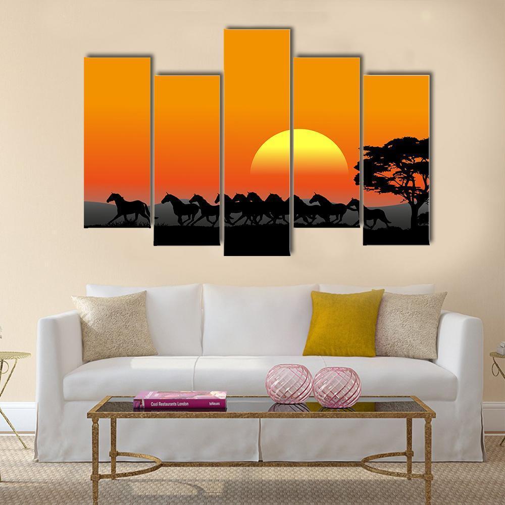 Running Herd At Sunset Canvas Wall Art-5 Pop-Gallery Wrap-47" x 32"-Tiaracle