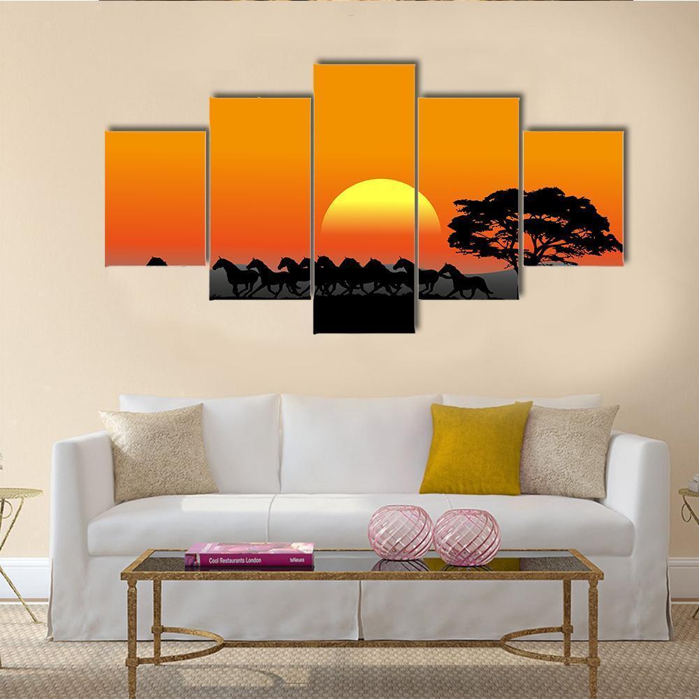 Running Herd At Sunset Canvas Wall Art-3 Horizontal-Gallery Wrap-37" x 24"-Tiaracle