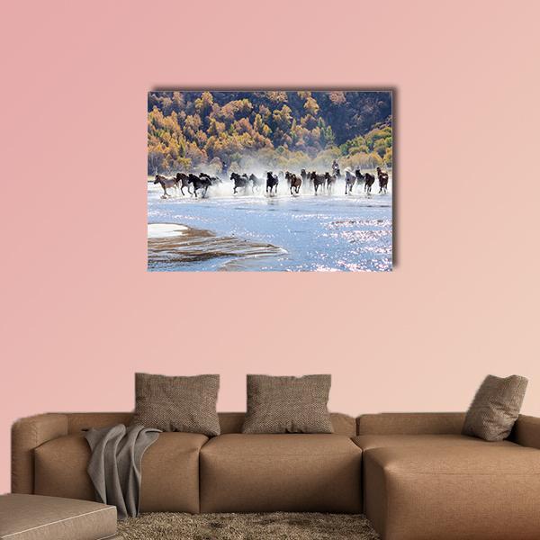 Running Horses In Mongolia Canvas Wall Art-4 Horizontal-Gallery Wrap-34" x 24"-Tiaracle