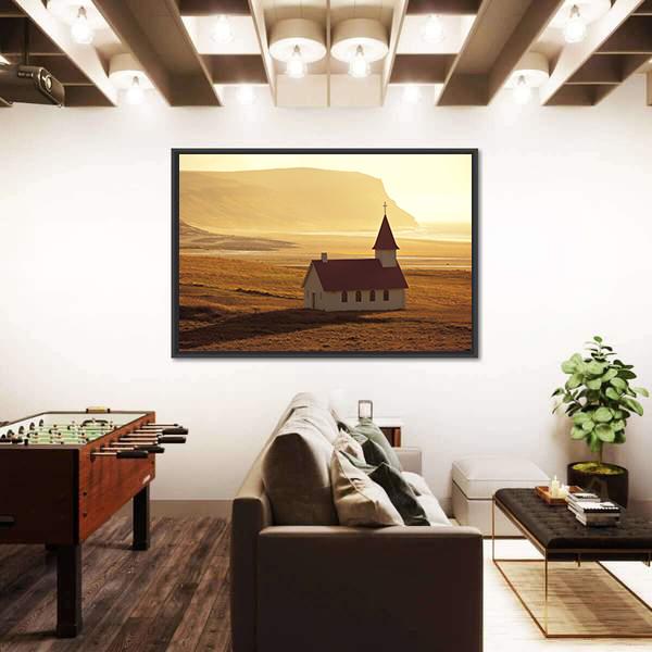 Rural Icelandic Church At Sea Coastline Canvas Wall Art-3 Horizontal-Gallery Wrap-25" x 16"-Tiaracle