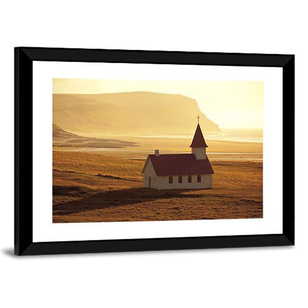 Rural Icelandic Church At Sea Coastline Canvas Wall Art-3 Horizontal-Gallery Wrap-25" x 16"-Tiaracle