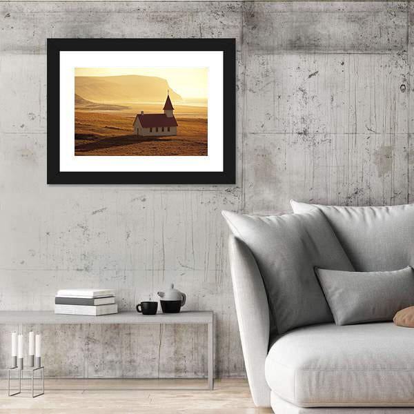 Rural Icelandic Church At Sea Coastline Canvas Wall Art-3 Horizontal-Gallery Wrap-25" x 16"-Tiaracle