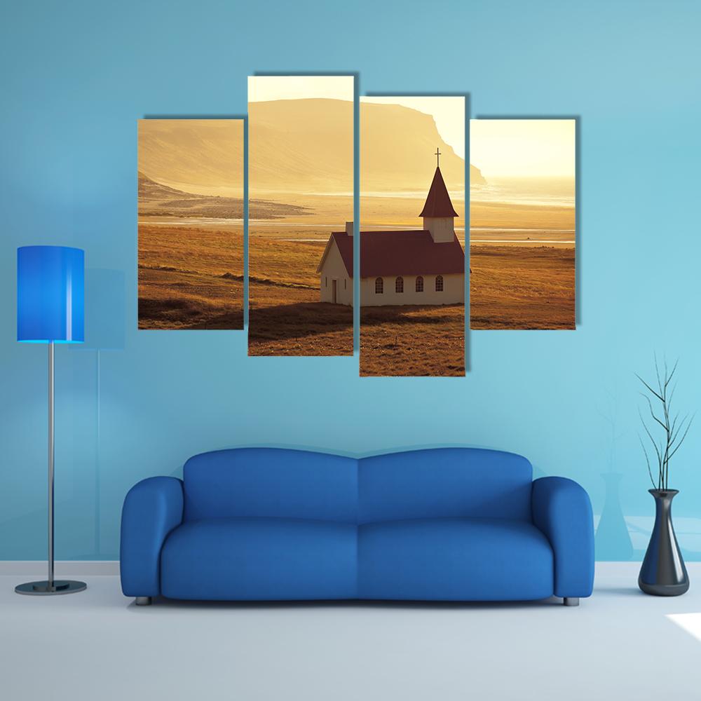 Rural Icelandic Church At Sea Coastline Canvas Wall Art-4 Pop-Gallery Wrap-50" x 32"-Tiaracle