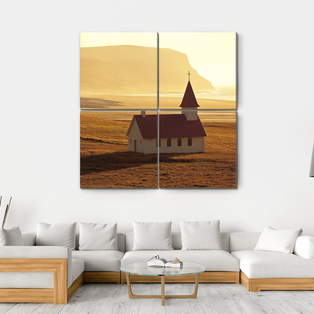 Rural Icelandic Church At Sea Coastline Canvas Wall Art-4 Square-Gallery Wrap-17" x 17"-Tiaracle