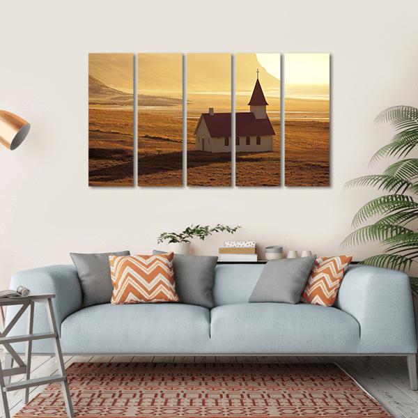 Rural Icelandic Church At Sea Coastline Canvas Wall Art-5 Horizontal-Gallery Wrap-22" x 12"-Tiaracle