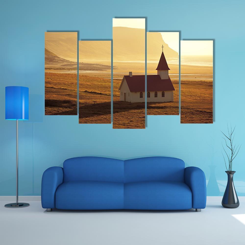 Rural Icelandic Church At Sea Coastline Canvas Wall Art-5 Pop-Gallery Wrap-47" x 32"-Tiaracle