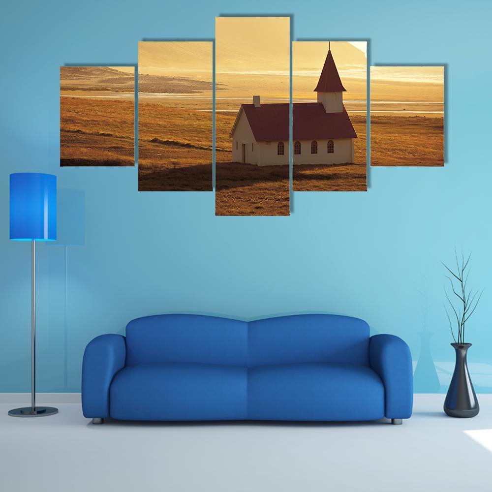 Rural Icelandic Church At Sea Coastline Canvas Wall Art-5 Star-Gallery Wrap-62" x 32"-Tiaracle