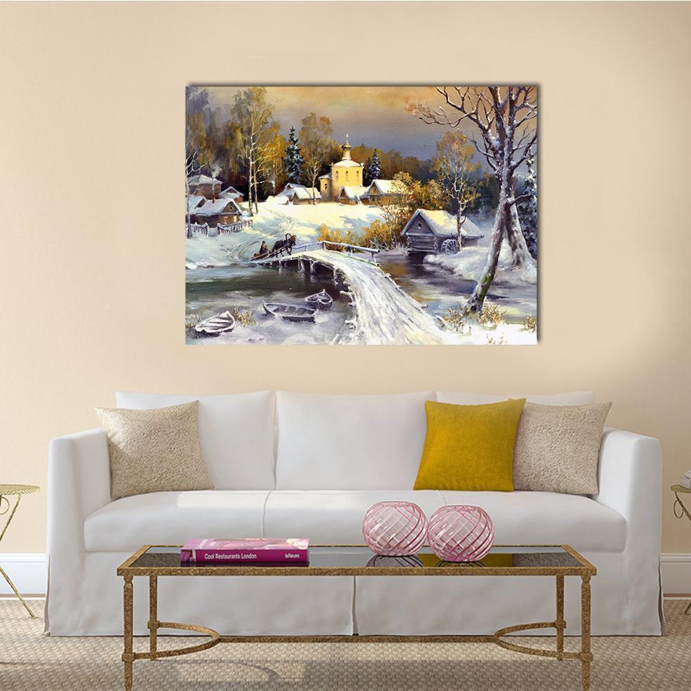 Winter Village with Church and Horse-drawn Carriage Canvas Wall Art in white, gray and brown, single panel hung on a wall