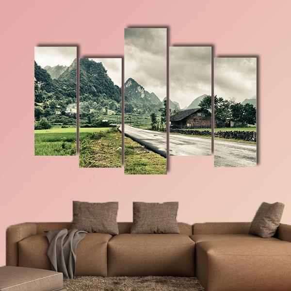 Rural Landscape With Road And Mountains Canvas Wall Art-5 Pop-Gallery Wrap-47" x 32"-Tiaracle