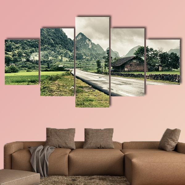 Rural Landscape With Road And Mountains Canvas Wall Art-5 Star-Gallery Wrap-62" x 32"-Tiaracle