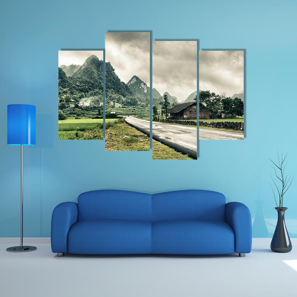 Rural Landscape With Road House Canvas Wall Art-4 Pop-Gallery Wrap-50" x 32"-Tiaracle