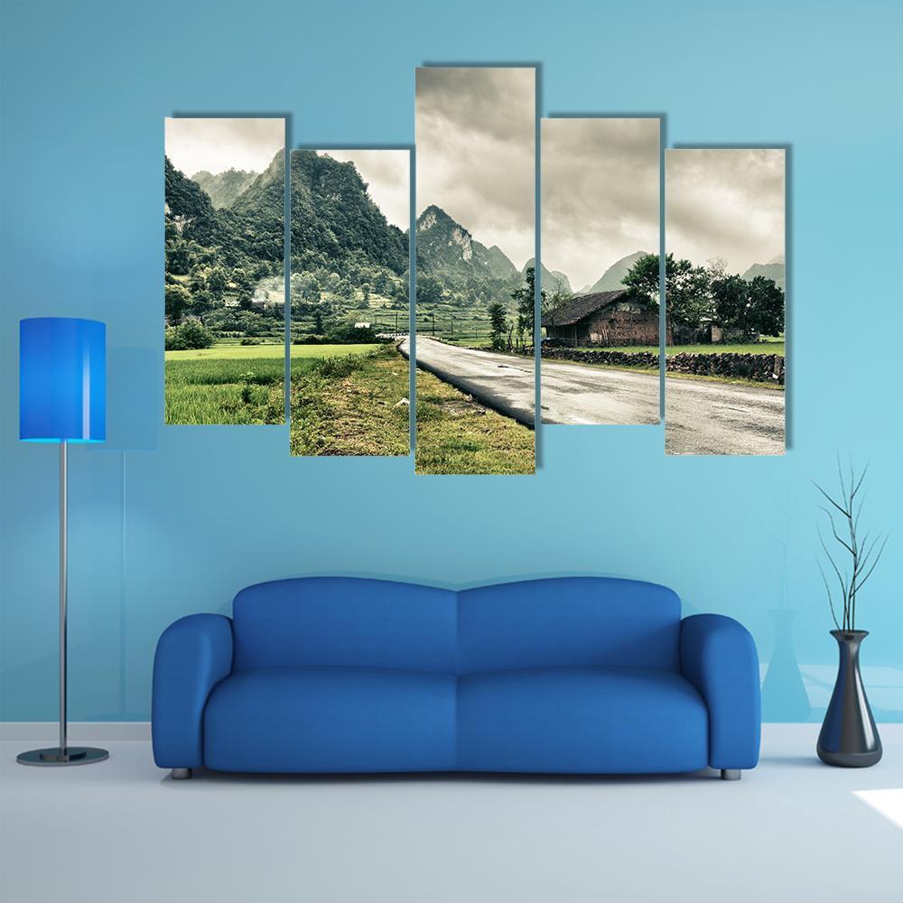 Rural Landscape With Road House Canvas Wall Art-5 Pop-Gallery Wrap-47" x 32"-Tiaracle