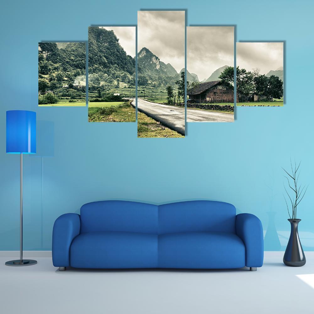 Rural Landscape With Road House Canvas Wall Art-5 Star-Gallery Wrap-62" x 32"-Tiaracle