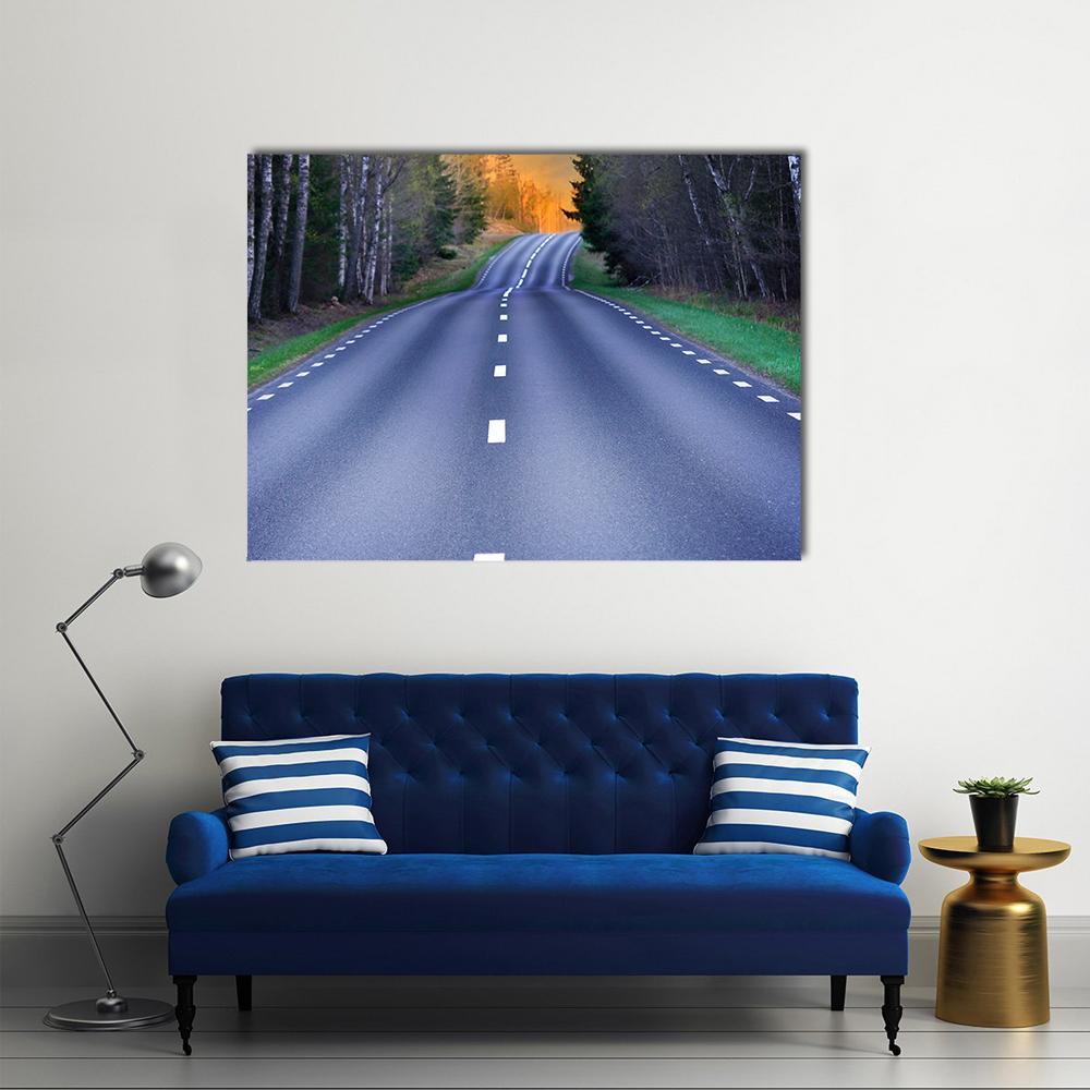 Rural Scandinavian Asphalt Road Canvas Wall Art in gray, green and blue, single panel hung on a wall