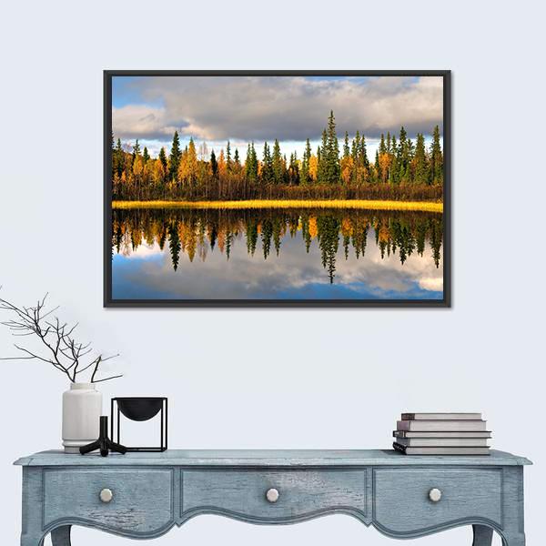 Rural Scandinavian Landscape Canvas Wall Art in yellow, green and blue, framed canvas, product view on a white background
