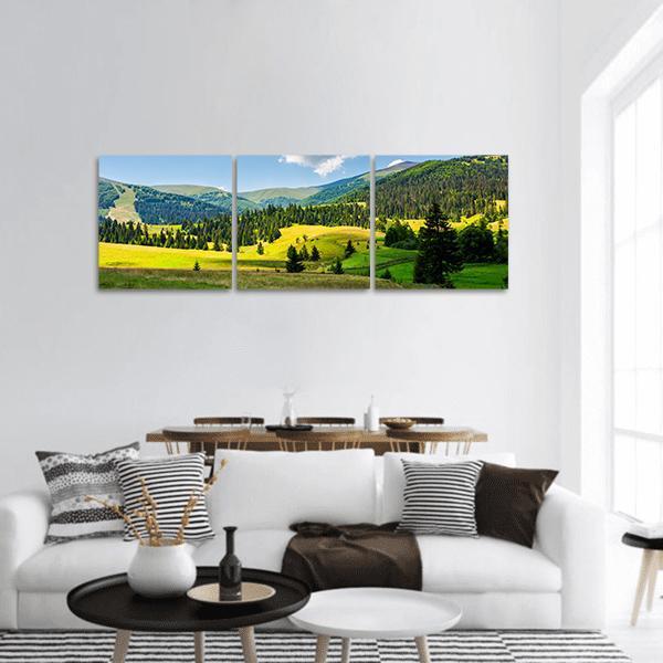 Alpine Meadow and Mountain Range Panoramic Canvas Wall Art in yellow, green and blue, hung on a wall