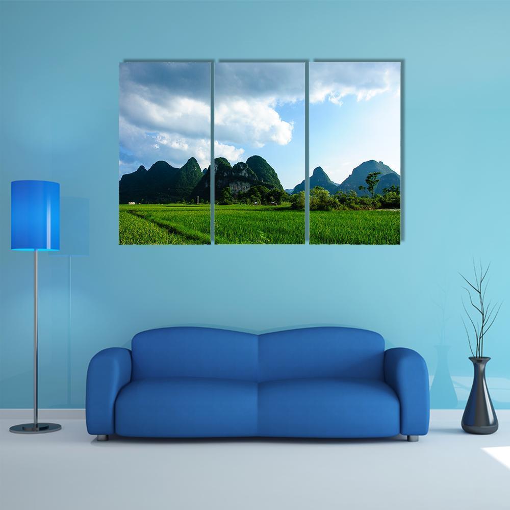 Rural Scenery In Summer With Karst Mountains Canvas Wall Art-3 Horizontal-Gallery Wrap-37" x 24"-Tiaracle