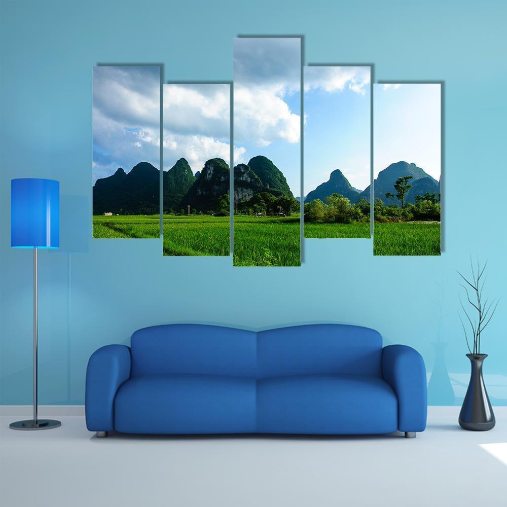 Rural Scenery In Summer With Karst Mountains Canvas Wall Art-5 Pop-Gallery Wrap-47" x 32"-Tiaracle
