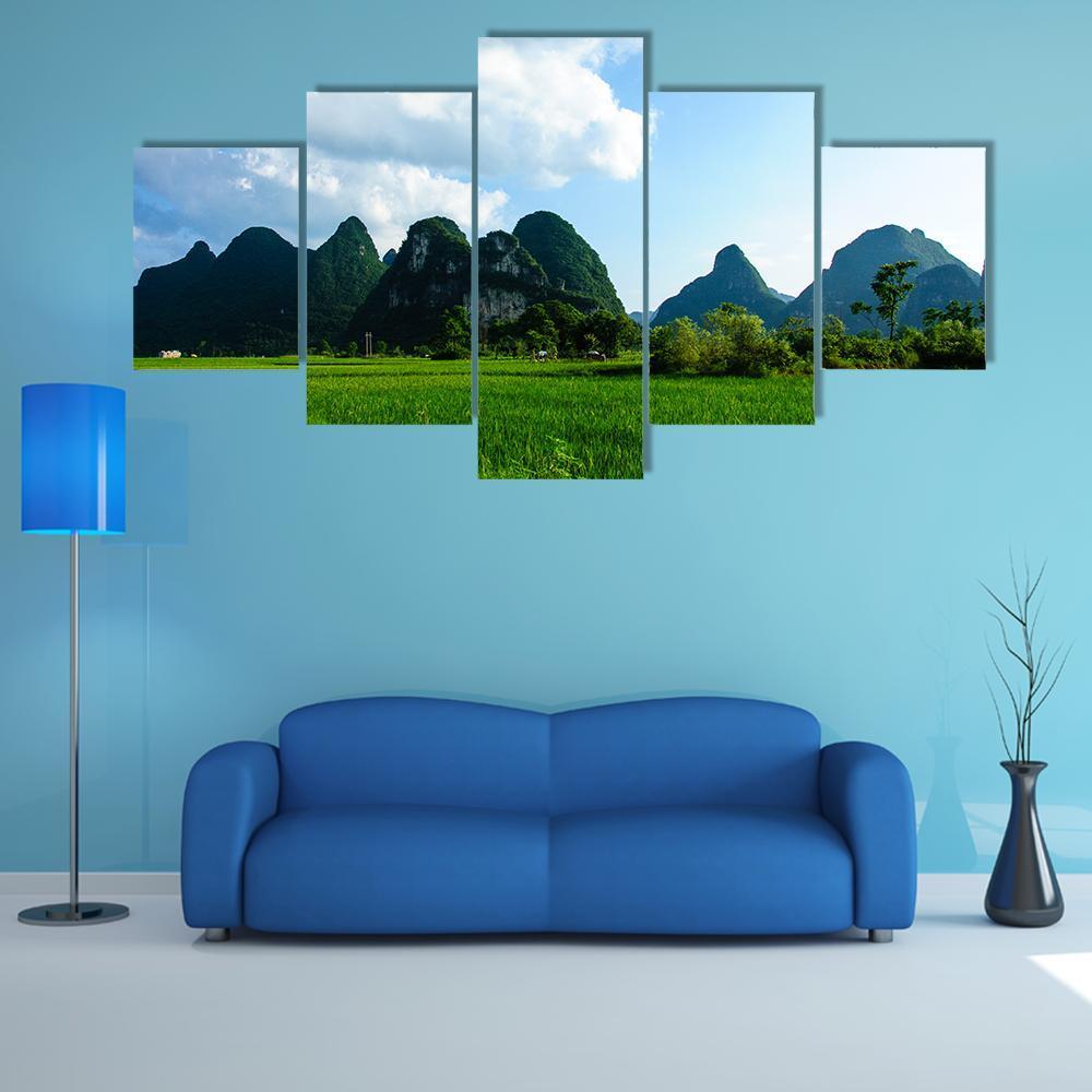 Rural Scenery In Summer With Karst Mountains Canvas Wall Art-5 Star-Gallery Wrap-62" x 32"-Tiaracle