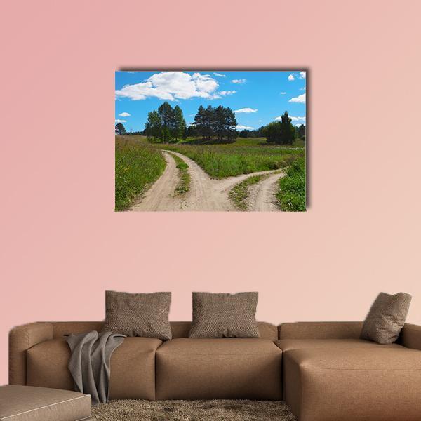 Forking Dirt Road in Summer Canvas Wall Art in beige, green and blue, single panel hung on a wall