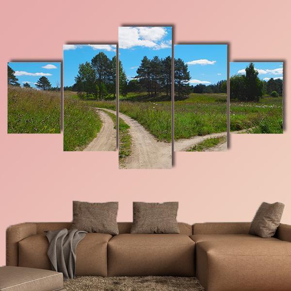 Rural Landscape With Crossroad Canvas Wall Art-5 Star-Gallery Wrap-62" x 32"-Tiaracle