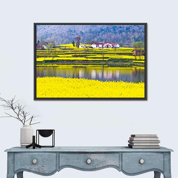 Rural Spring Scenery Canvas Wall Art in yellow, green and blue, framed canvas, product view on a white background