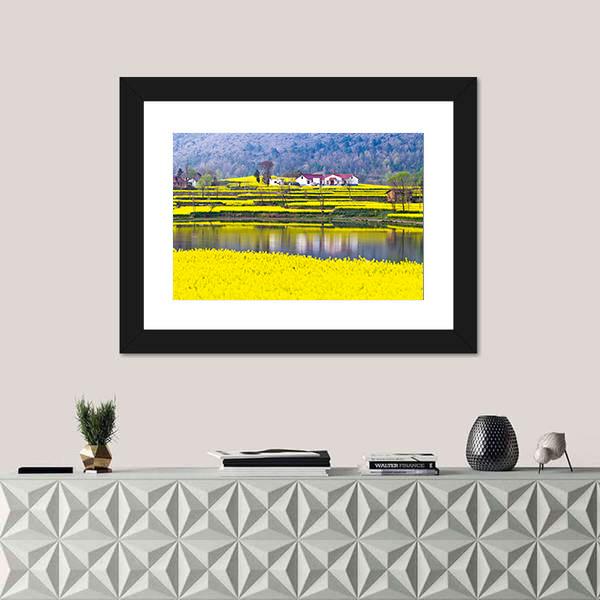 Rural Spring Scenery Canvas Wall Art in yellow, green and blue, 4 panel Pop layout hung on a wall