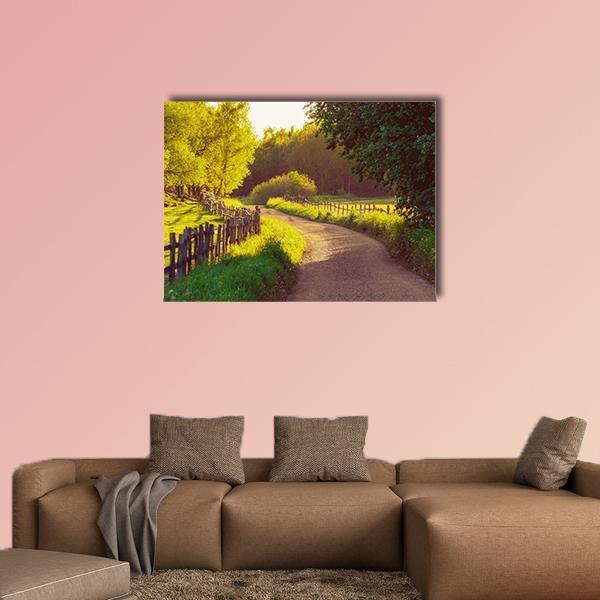 Sunny Rural Road in Sweden Canvas Wall Art in brown, yellow and green, single panel hung on a wall