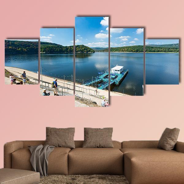 Rursee Harbor Schwammenauel In The Eifel Germany Canvas Wall Art-5 Star-Gallery Wrap-62" x 32"-Tiaracle