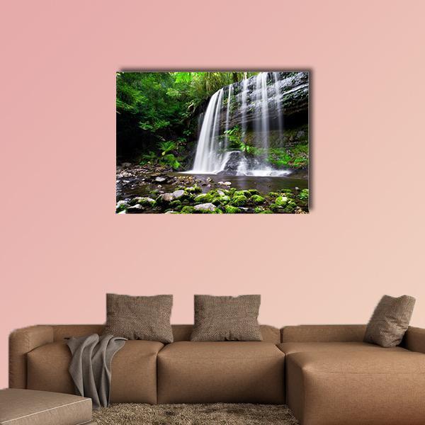 Russell Falls Waterfall in Tasmania Canvas Wall Art in black, white and green, single panel hung on a wall