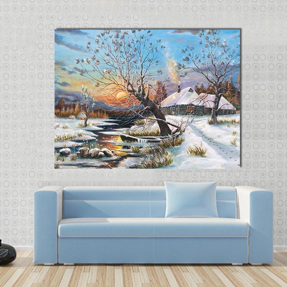 Klevera Winter Scene Canvas Wall Art in white, orange and blue, single panel hung on a wall