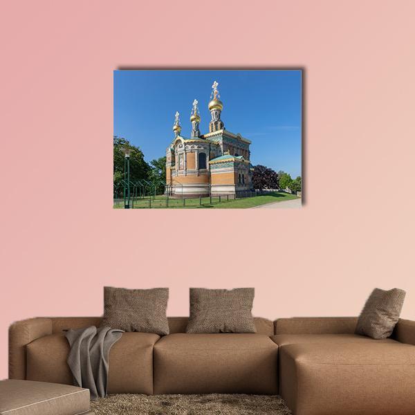 Russian Chapel in Darmstadt, Germany Canvas Wall Art in brown, gold and blue, single panel hung on a wall