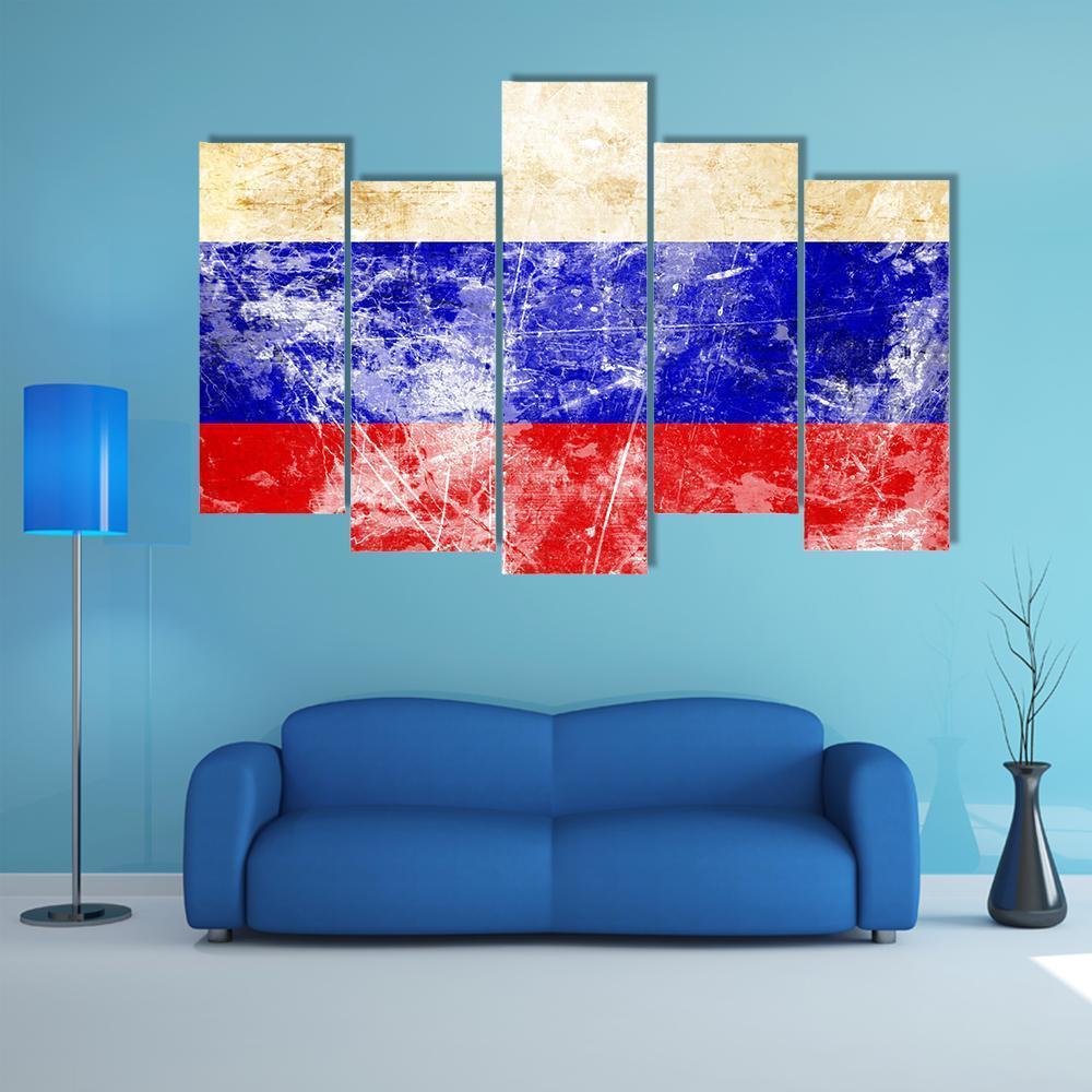 Russian Flag With Old Look Canvas Wall Art-5 Star-Gallery Wrap-62" x 32"-Tiaracle