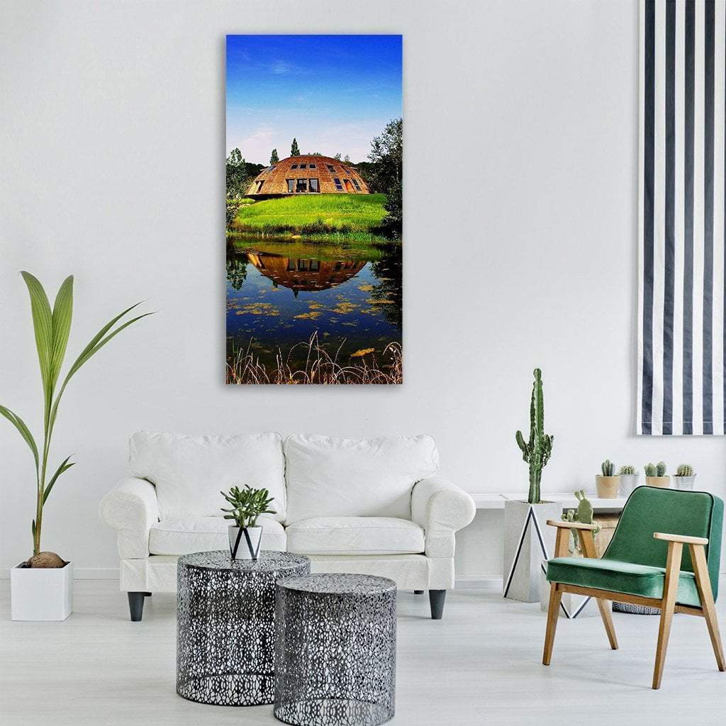 Geodesic Dome Reflected in Pond, Russia Vertical Canvas Wall Art in brown, green and blue, single vertical panel hung on a wall