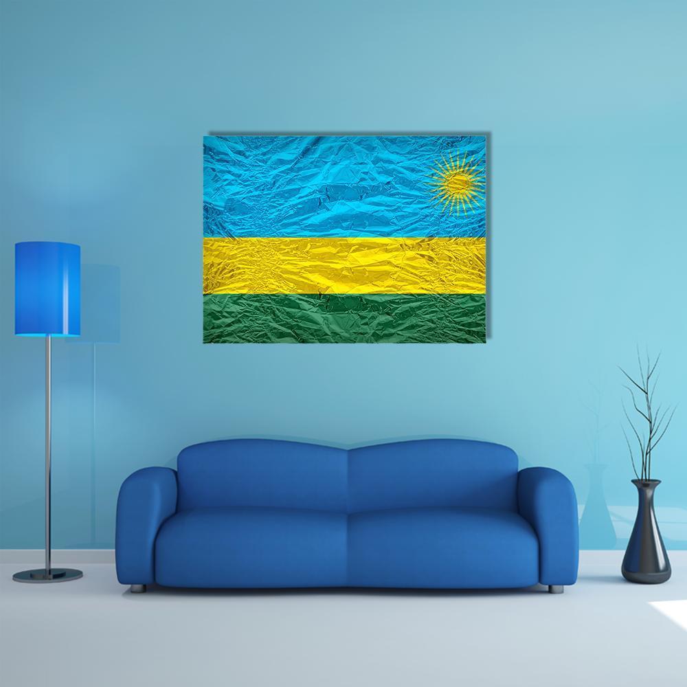 Rwanda Flag with Crinkled Texture Canvas Wall Art in yellow, green and blue, single panel hung on a wall