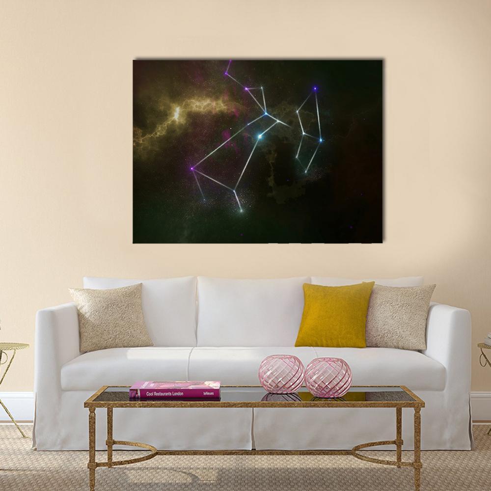 Sagittarius Constellation Canvas Wall Art in black, gold and purple, single panel hung on a wall