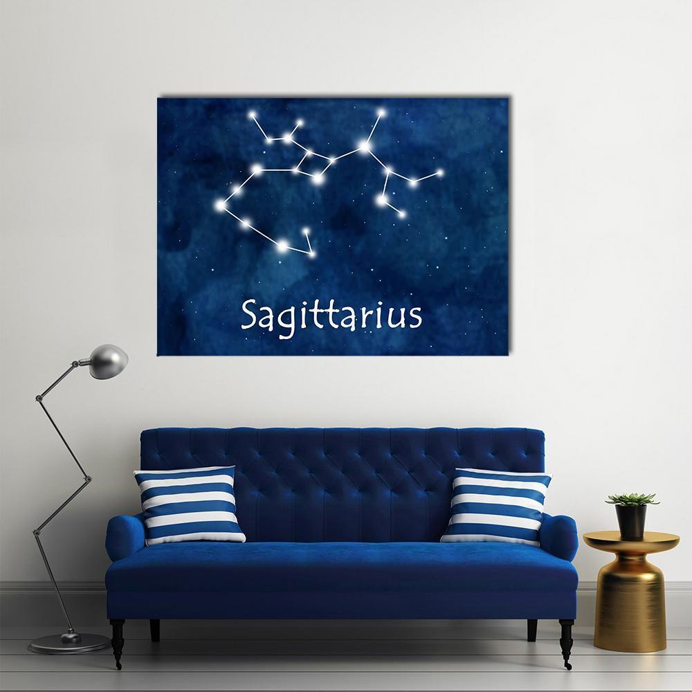Sagittarius Constellation Canvas Wall Art in white, blue and navy, single panel hung on a wall