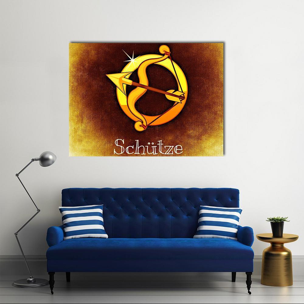 Sagittarius Zodiac Symbol in Gold Canvas Wall Art in brown, gold and yellow, single panel hung on a wall