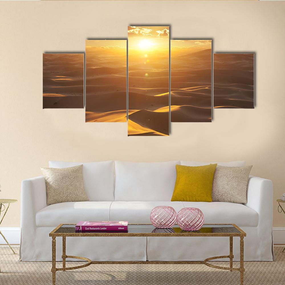 Sahara Desert At Golden Sunset Canvas Wall Art-5 Star-Gallery Wrap-62" x 32"-Tiaracle